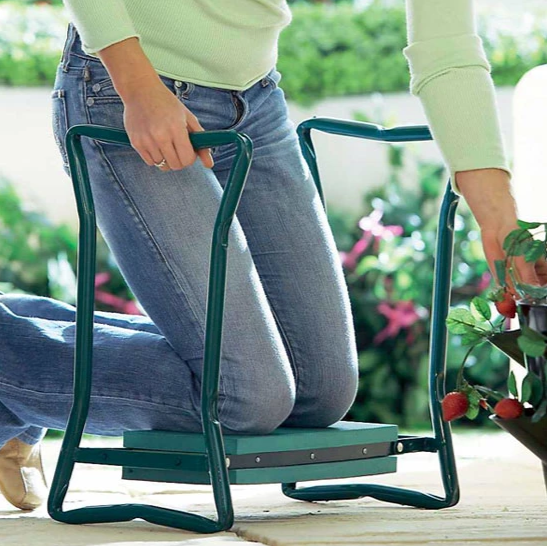 Foldable garden kneeler seat with padding and side pockets