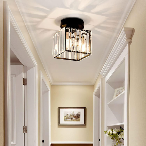 Square brass ceiling light with crystal glass – elegant