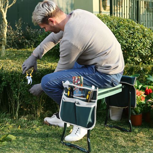 Foldable garden kneeler seat with padding and side pockets