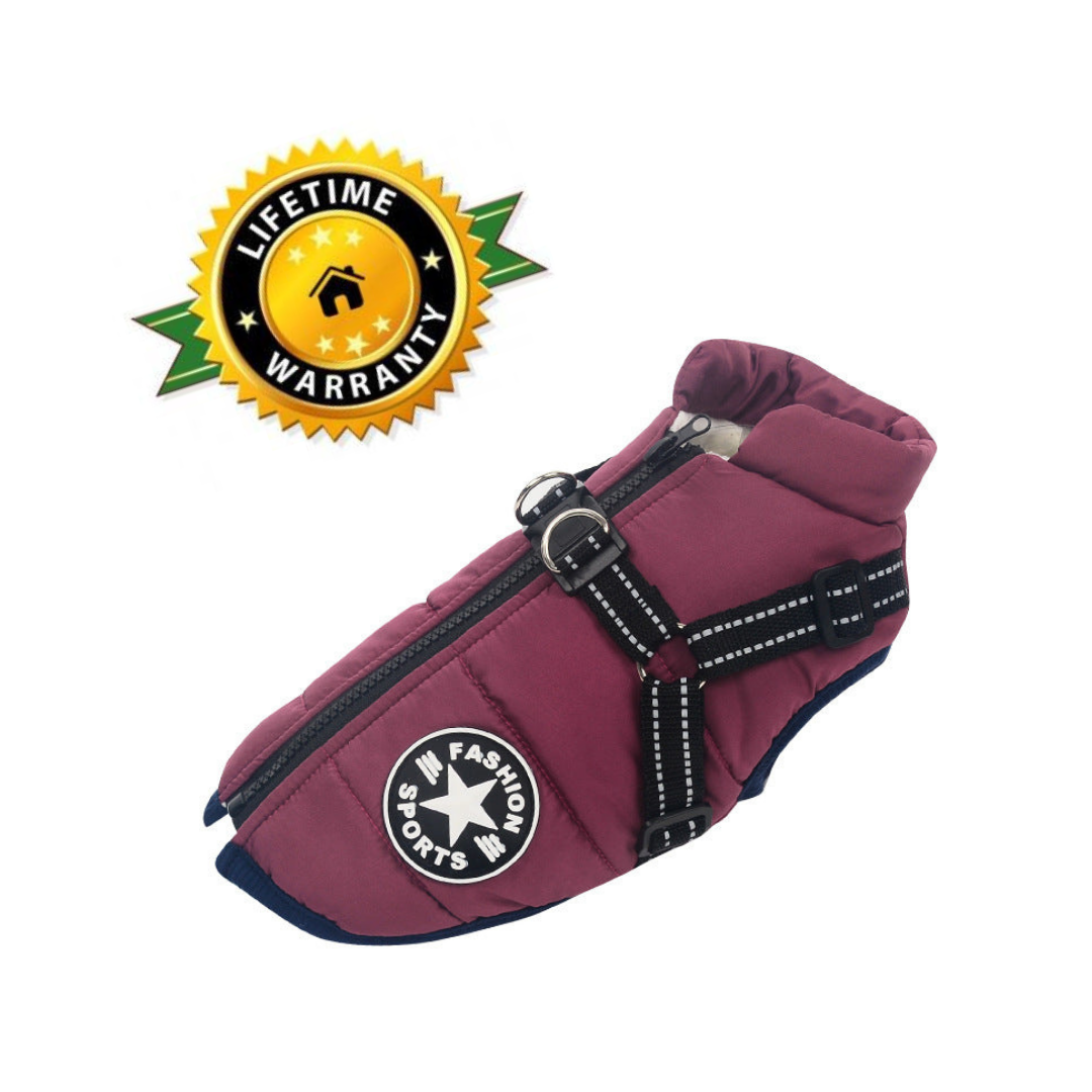 Waterproof winter dog jacket with integrated harness