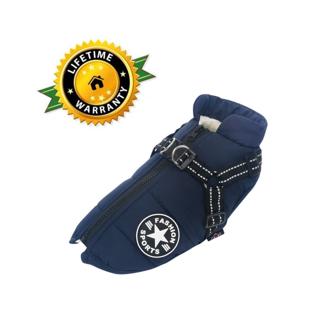 Waterproof winter dog jacket with integrated harness