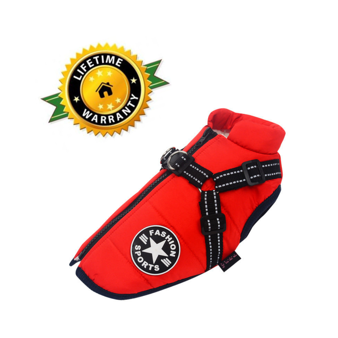 Waterproof winter dog jacket with integrated harness