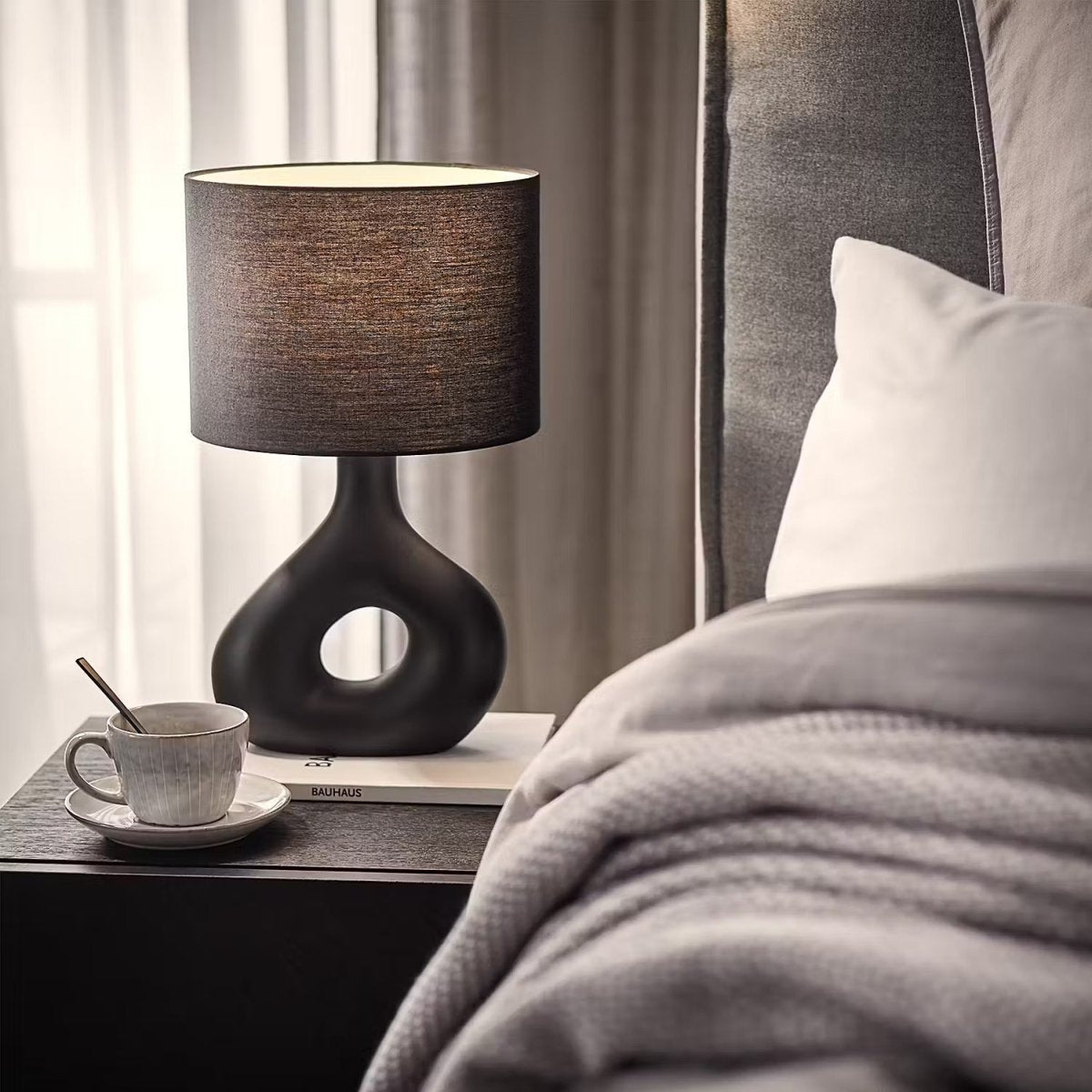 Table lamp with a ceramic base and fabric shade - Industrial design