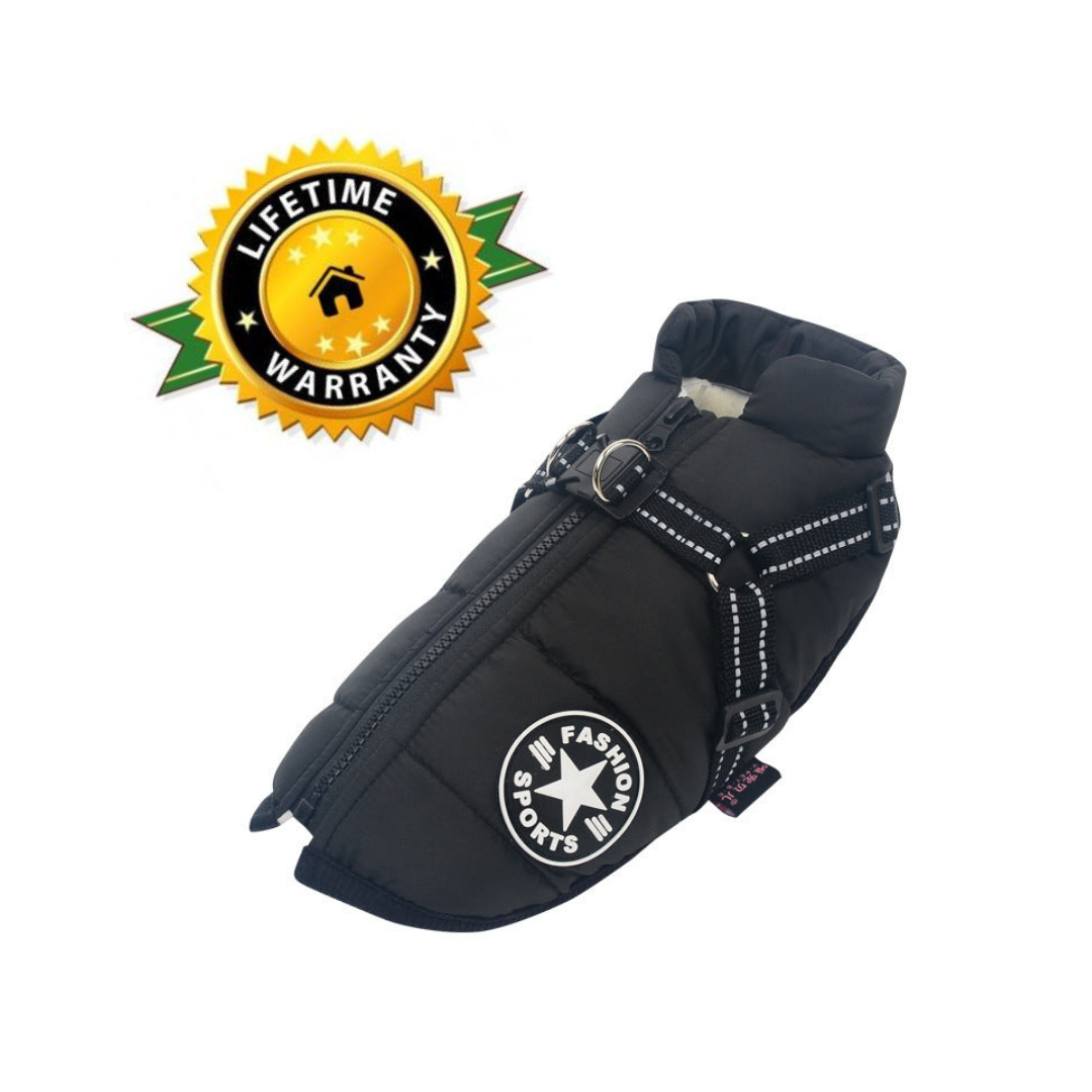 Waterproof winter dog jacket with integrated harness