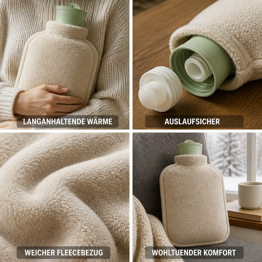 2-liter hot water bottle with a soft fleece cover and leak protection