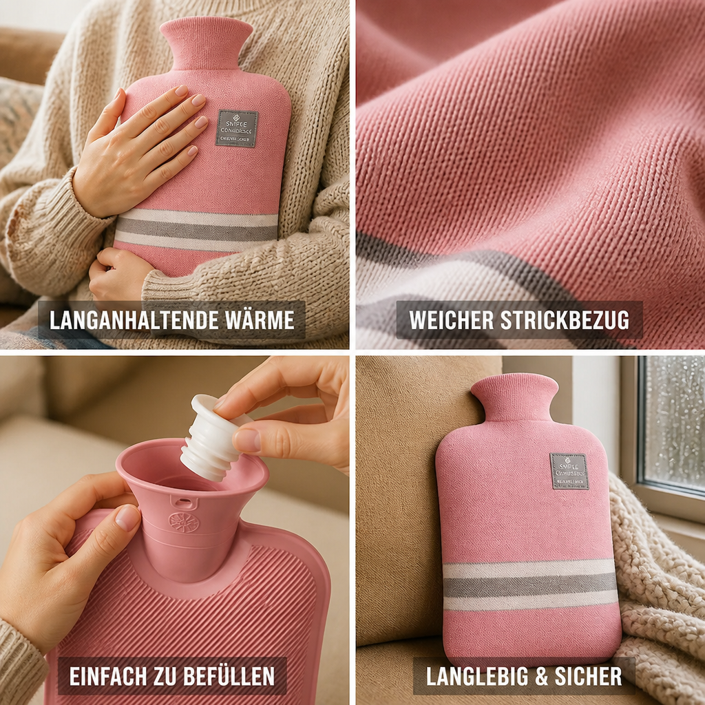 1-liter hot water bottle with knitted cover – soothing warmth for hours