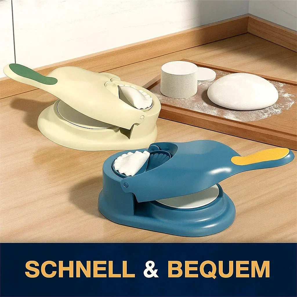 Two 2-in-1 Knödel Teigtaschenformer dumpling makers on wooden counter with dough