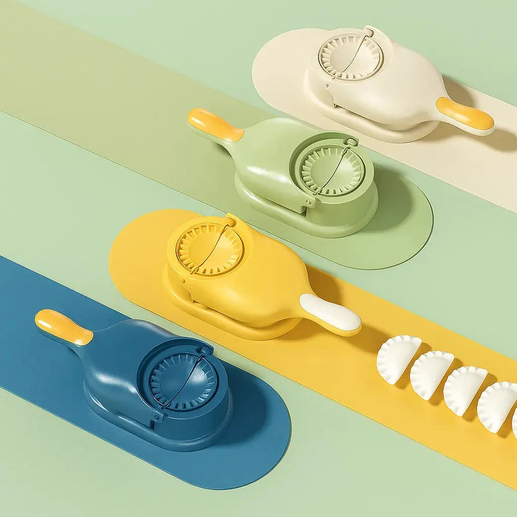 Four colorful 2-in-1 Knödel Teigtaschenformer plastic dumpling makers with sample dumplings