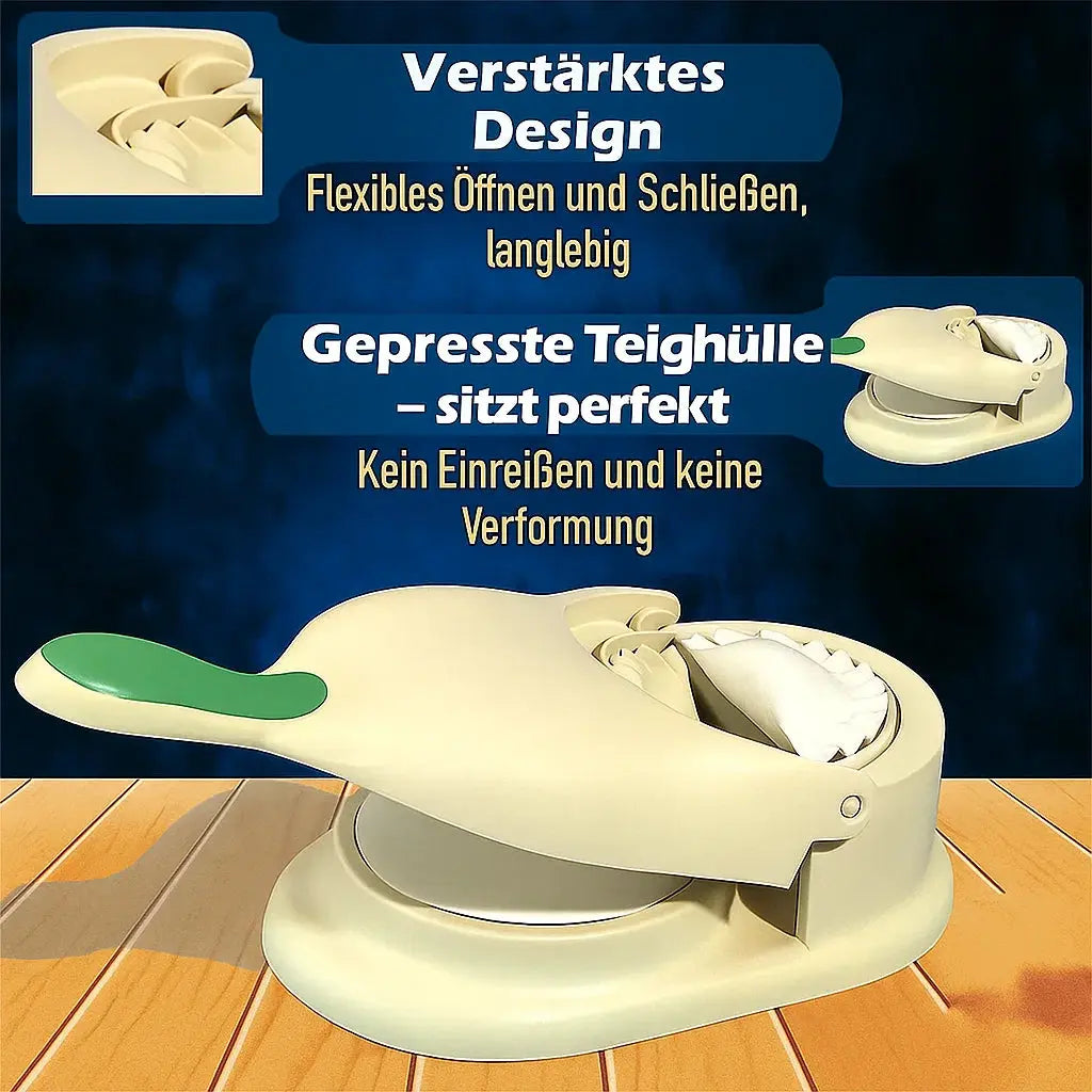 2-in-1 Knödel Teigtaschenformer product features showing reinforced design and flexible opening
