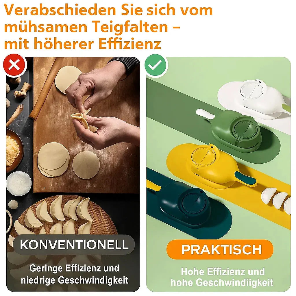 Comparison showing manual vs 2-in-1 Knödel Teigtaschenformer efficiency for dumpling making