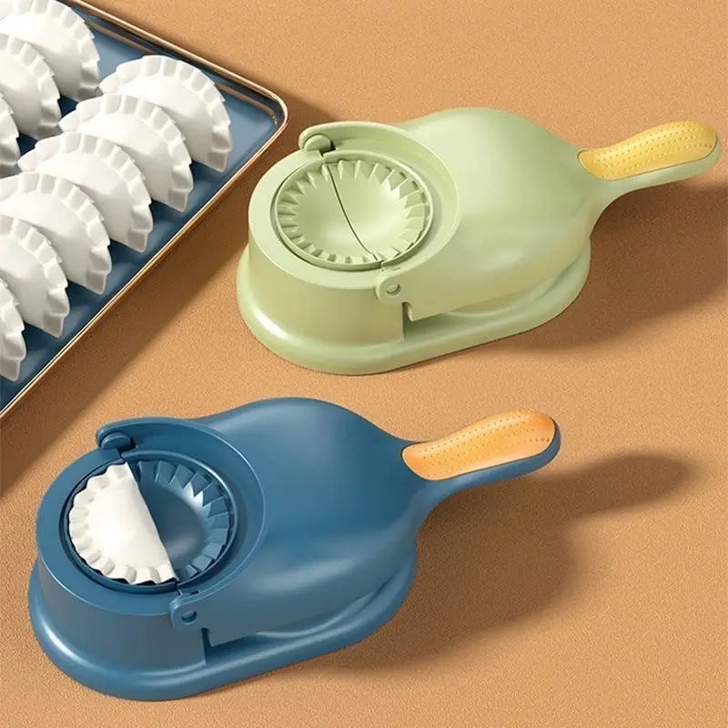 Close-up of blue and green 2-in-1 Knödel Teigtaschenformer with dumpling tray