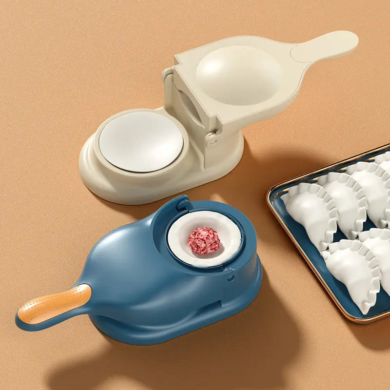 White and blue 2-in-1 Knödel Teigtaschenformer showing filling process with meat