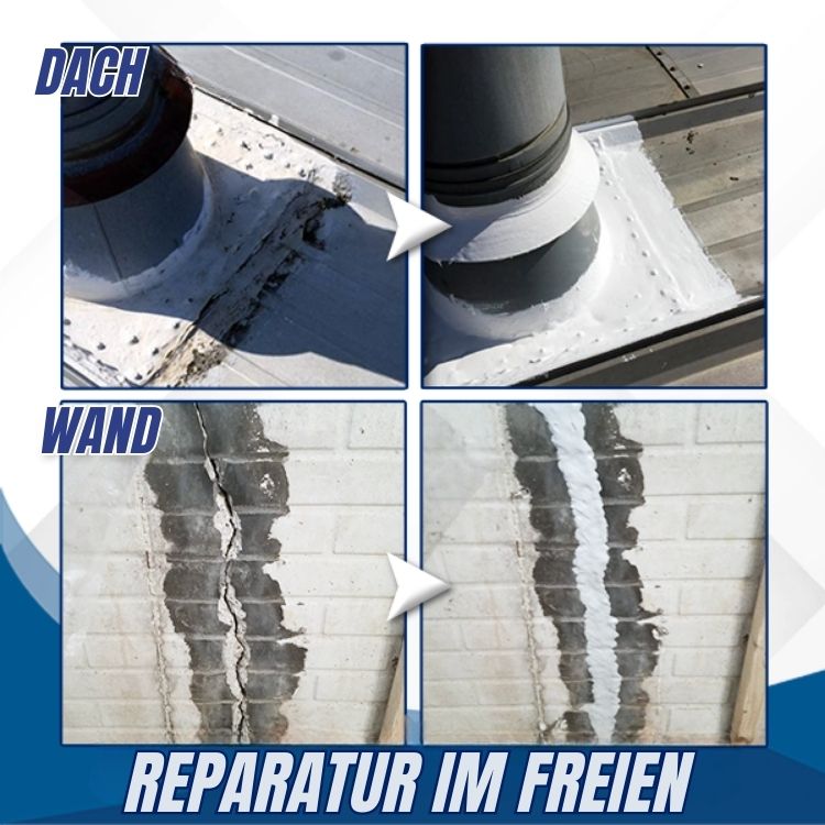 Reparatur demonstration showing roof and wall crack repairs with sealing compound