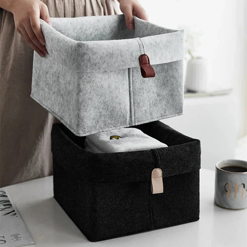 Felt Storage Box with Leather Handle and Foldable Lid