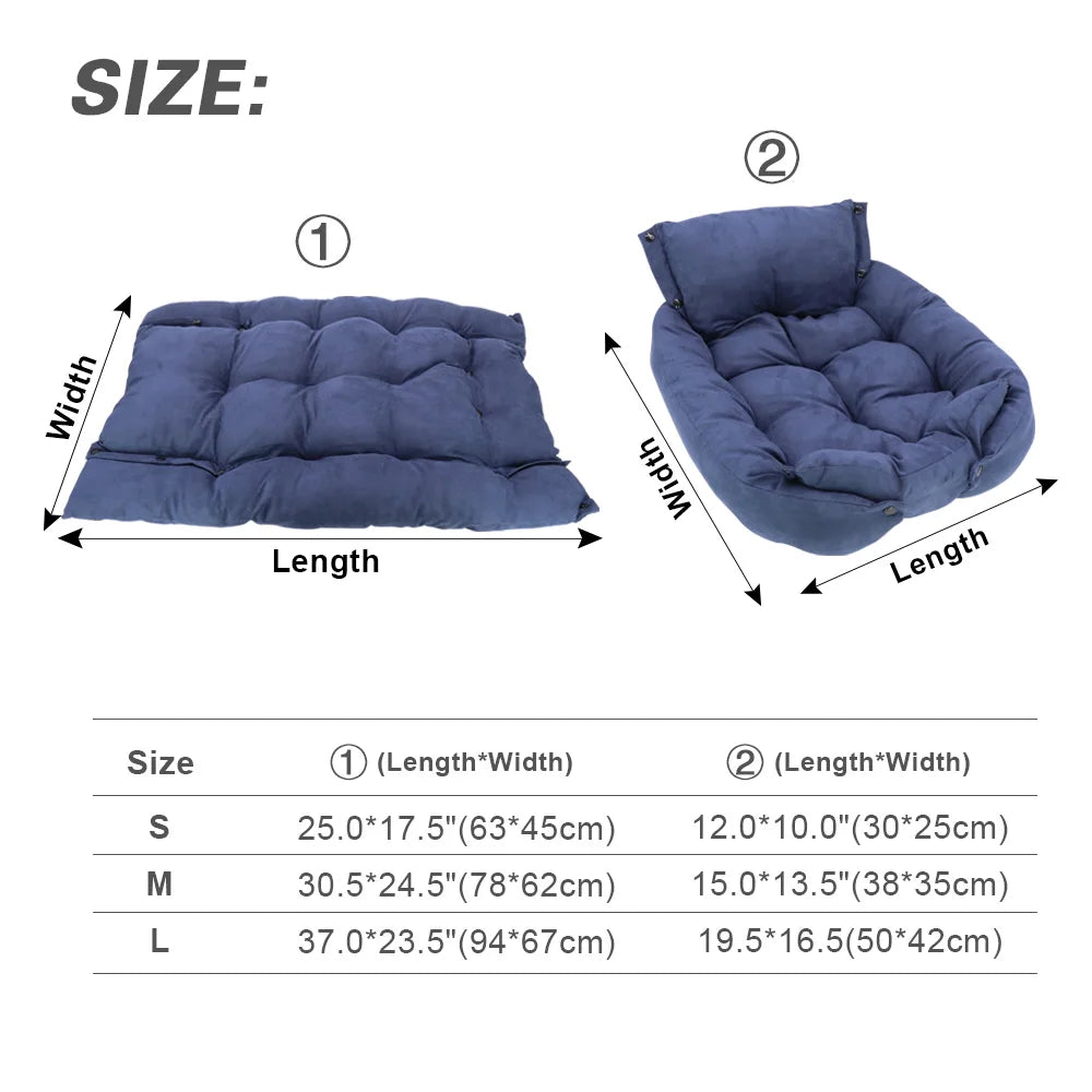 3-in-1 Haustierbett size chart showing dimensions for small, medium, large