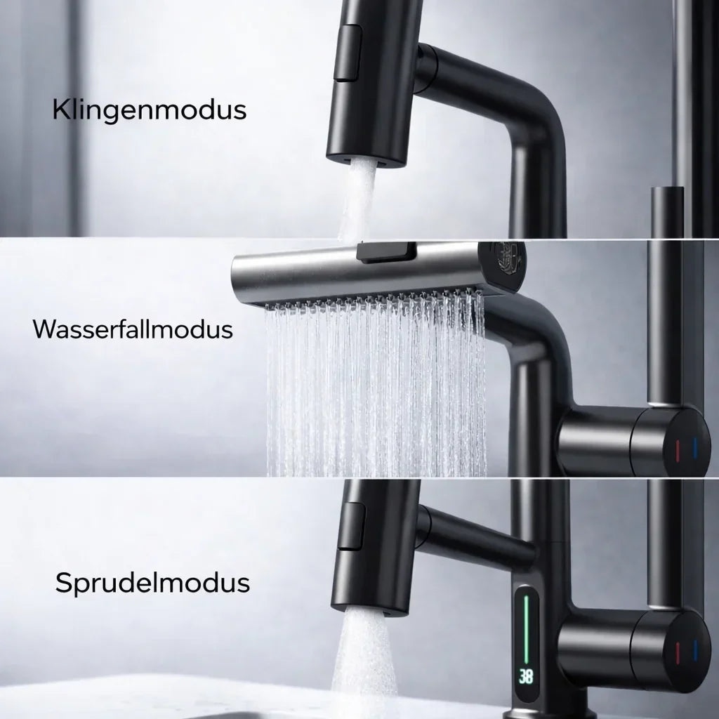 Wasserhahnaufsatz mit LED-Temperaturanzeige und 5 Strahlarten