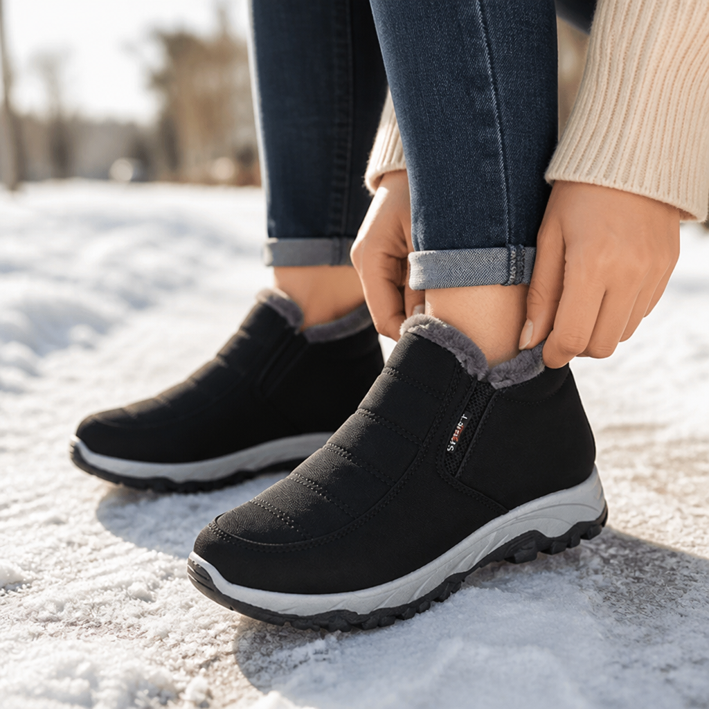 Lined women's winter boots for slipping on, water-repellent
