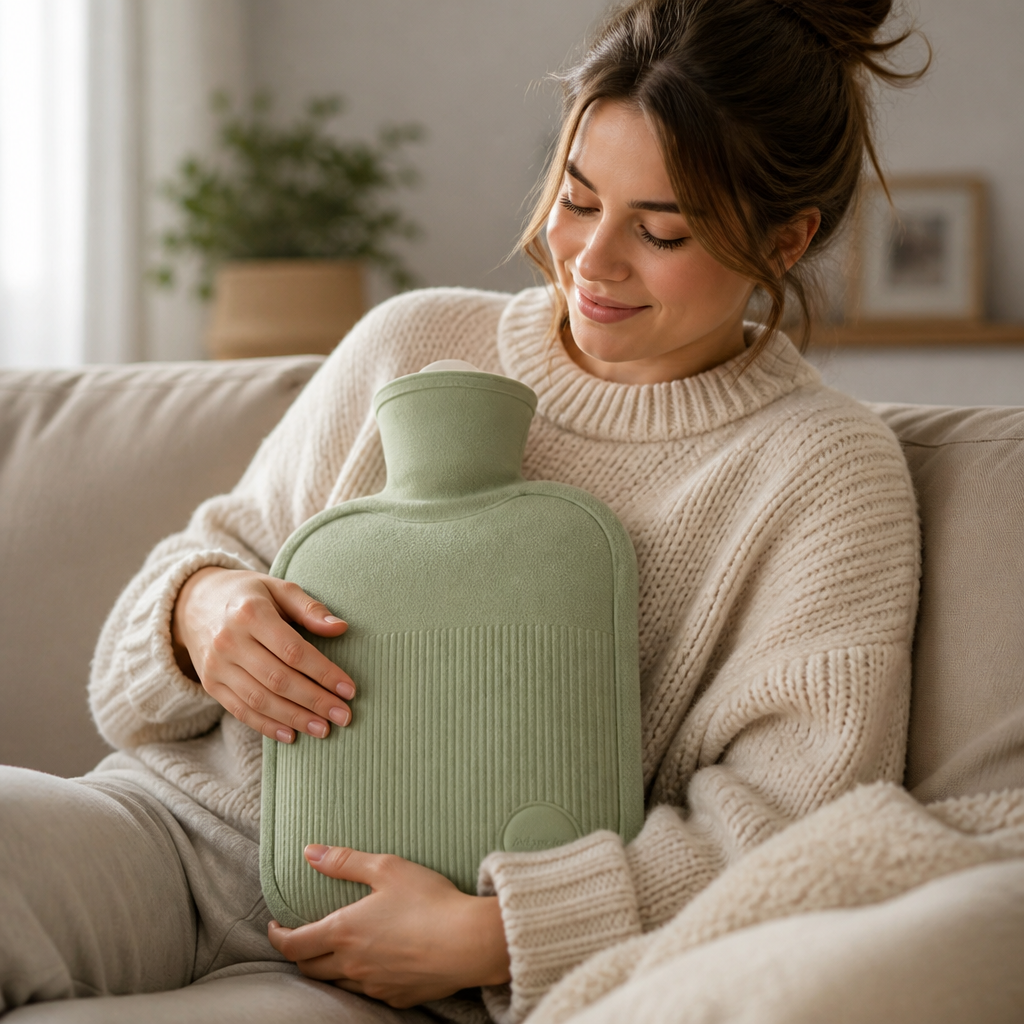 2-liter hot water bottle with a soft fleece cover and leak protection