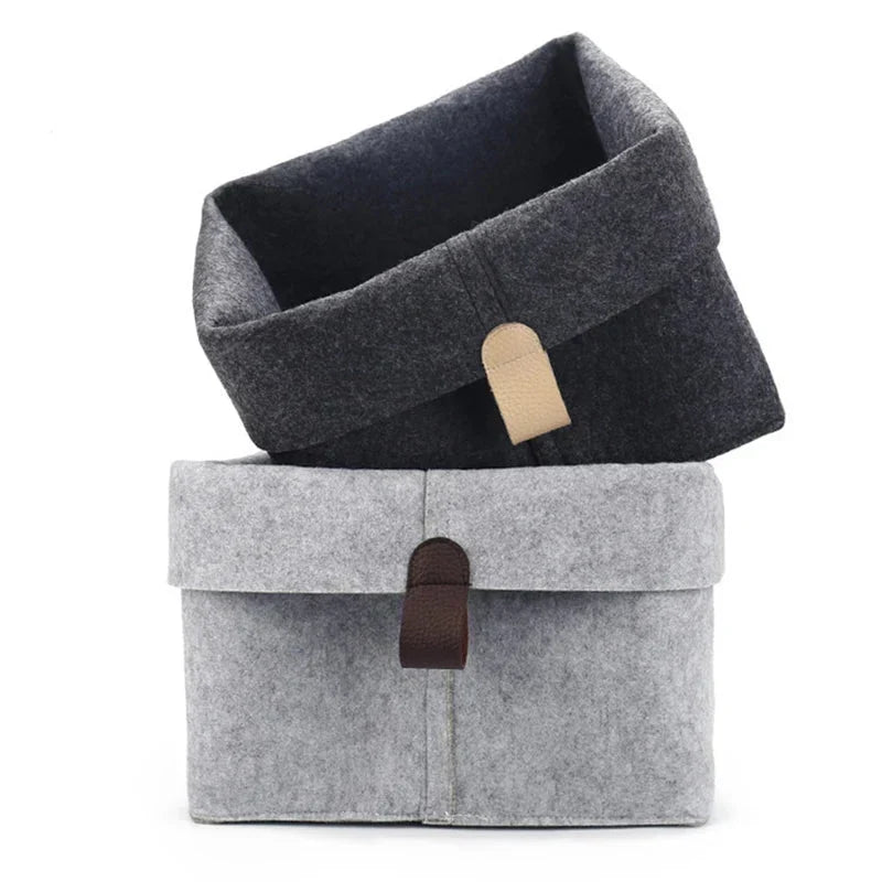 Felt Storage Box with Leather Handle and Foldable Lid