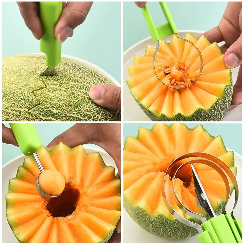Step-by-step process using 3-in-1 Obstschneider to create decorative melon slices
