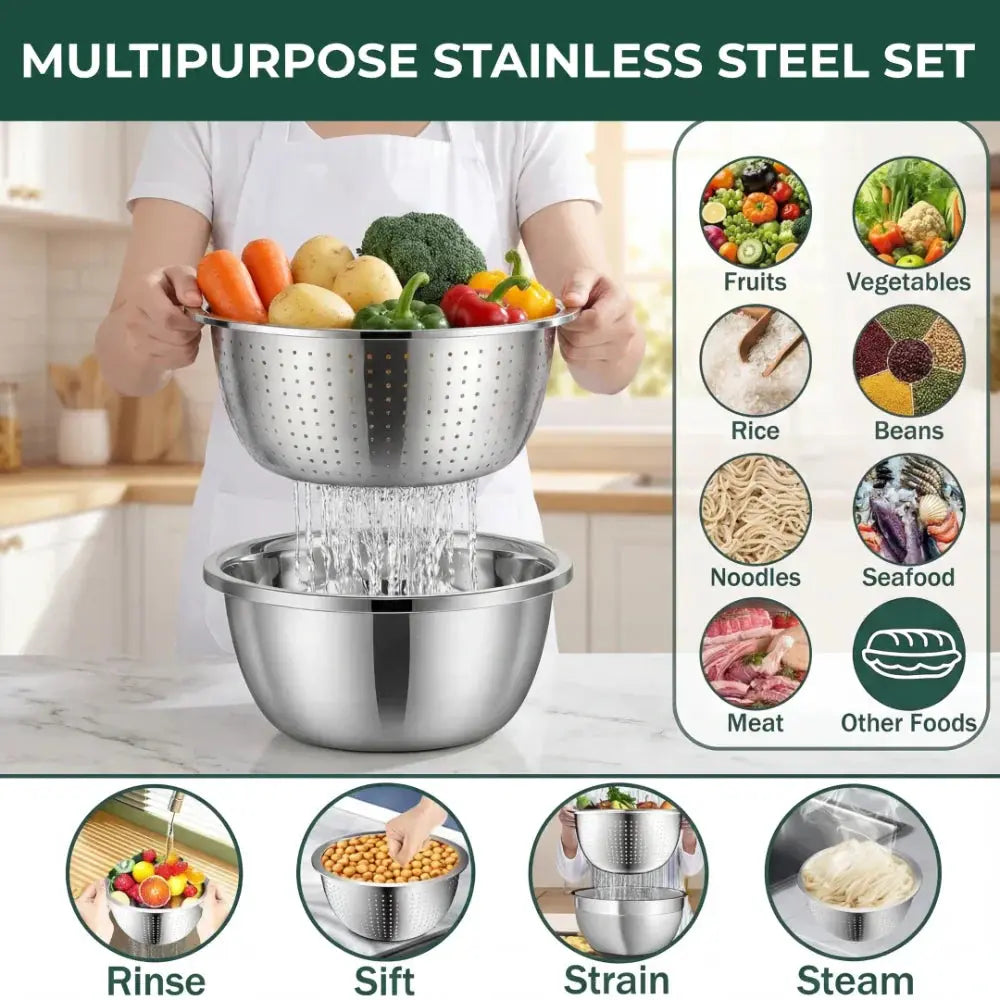 Mixing Bowl Set with Colander Insert and Stainless Steel Grater Lid