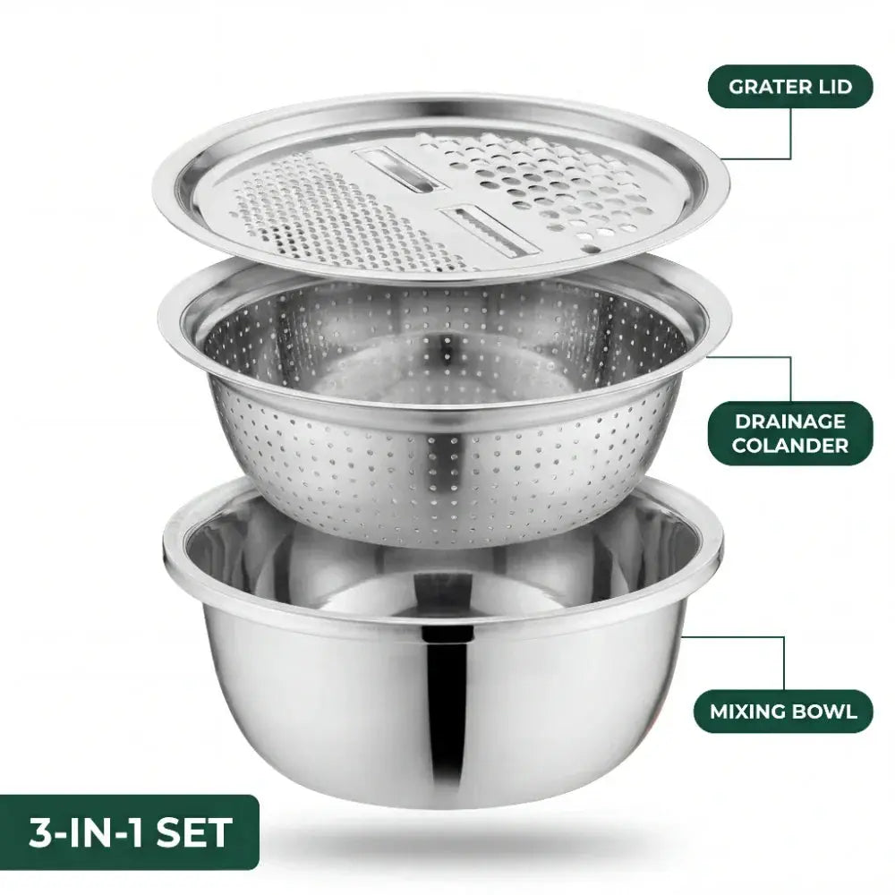 Mixing Bowl Set with Colander Insert and Stainless Steel Grater Lid