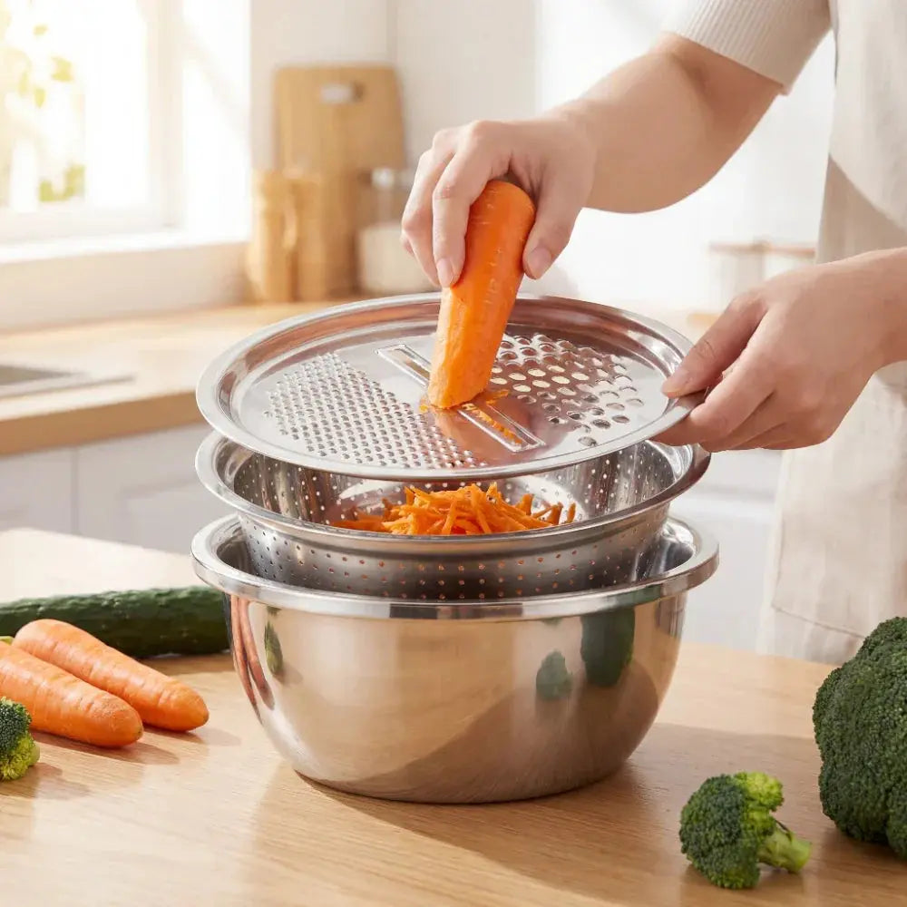Mixing Bowl Set with Colander Insert and Stainless Steel Grater Lid