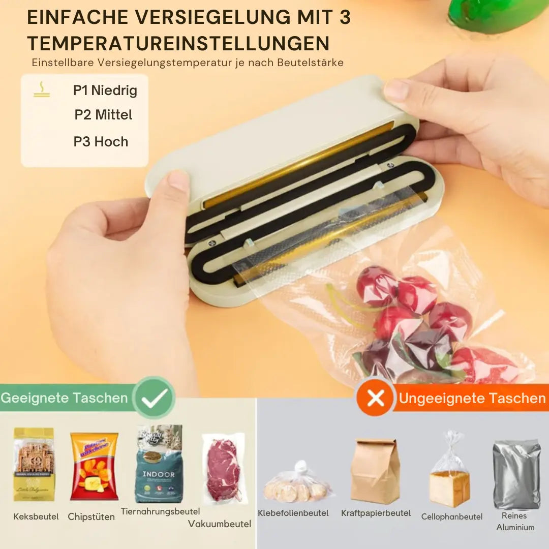 Hands operating white mini vacuum sealer with temperature settings explanation