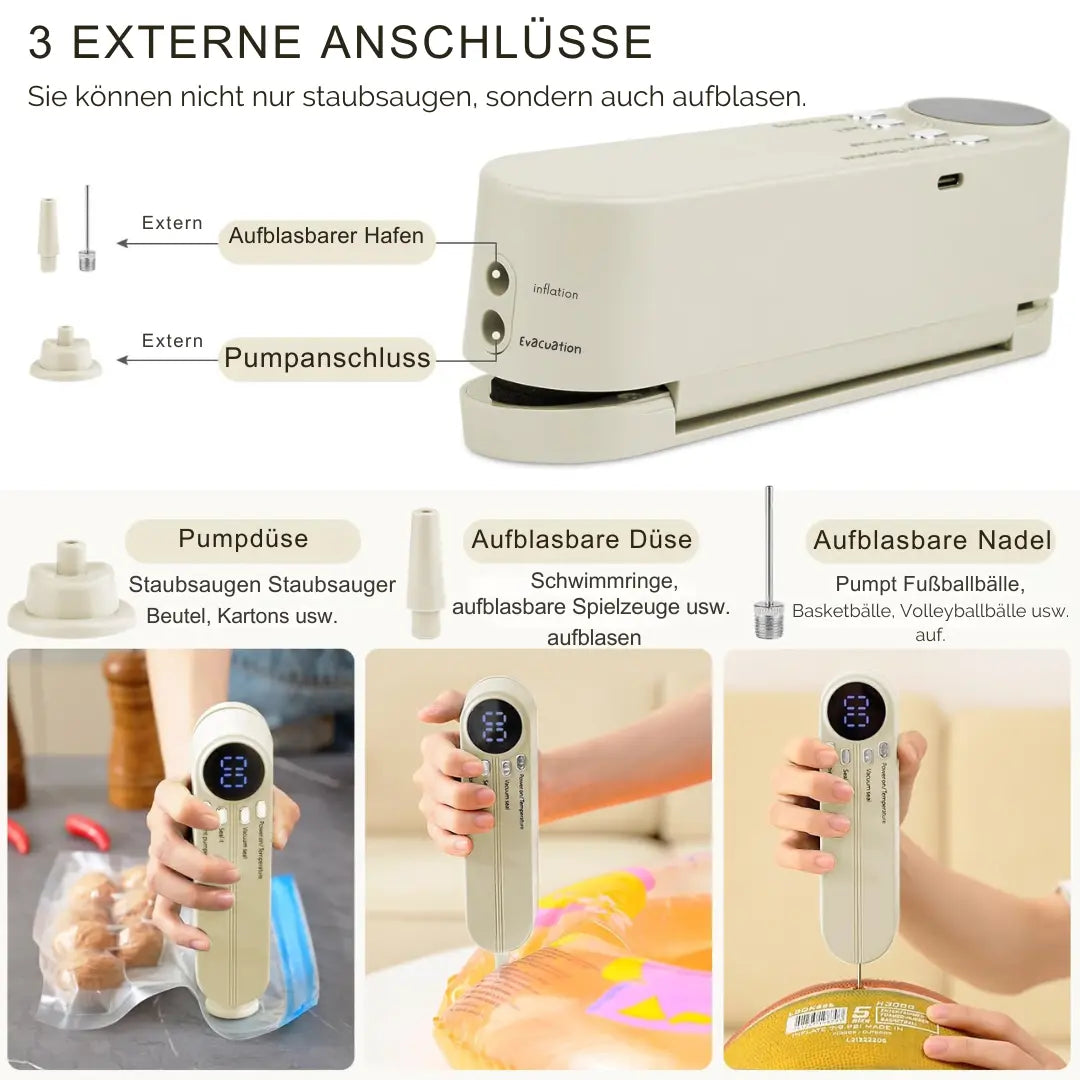 3-in-1 mini vacuum sealer with three external attachments for different functions