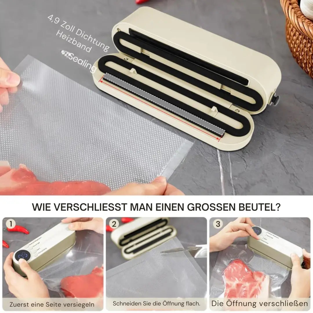 Hands demonstrating how to seal large bags with mini vacuum device