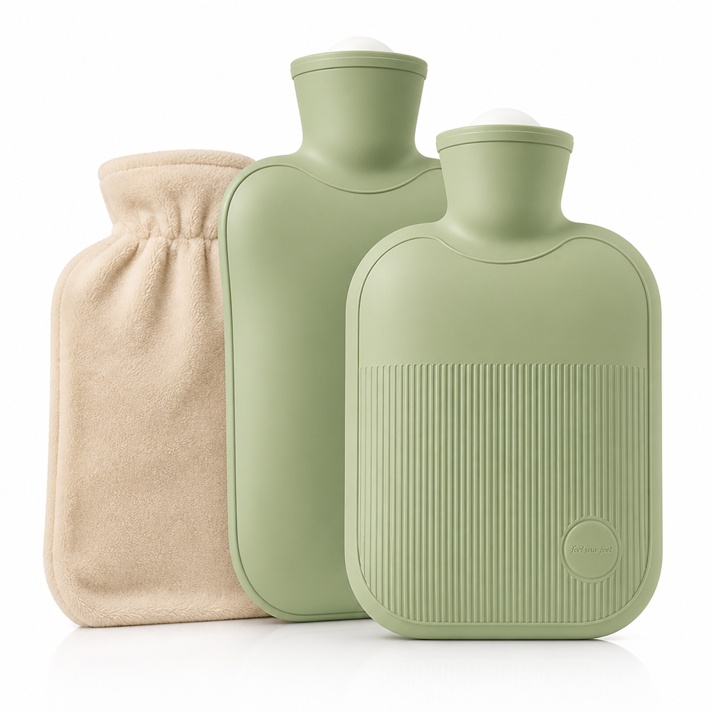 2-liter hot water bottle with a soft fleece cover and leak protection