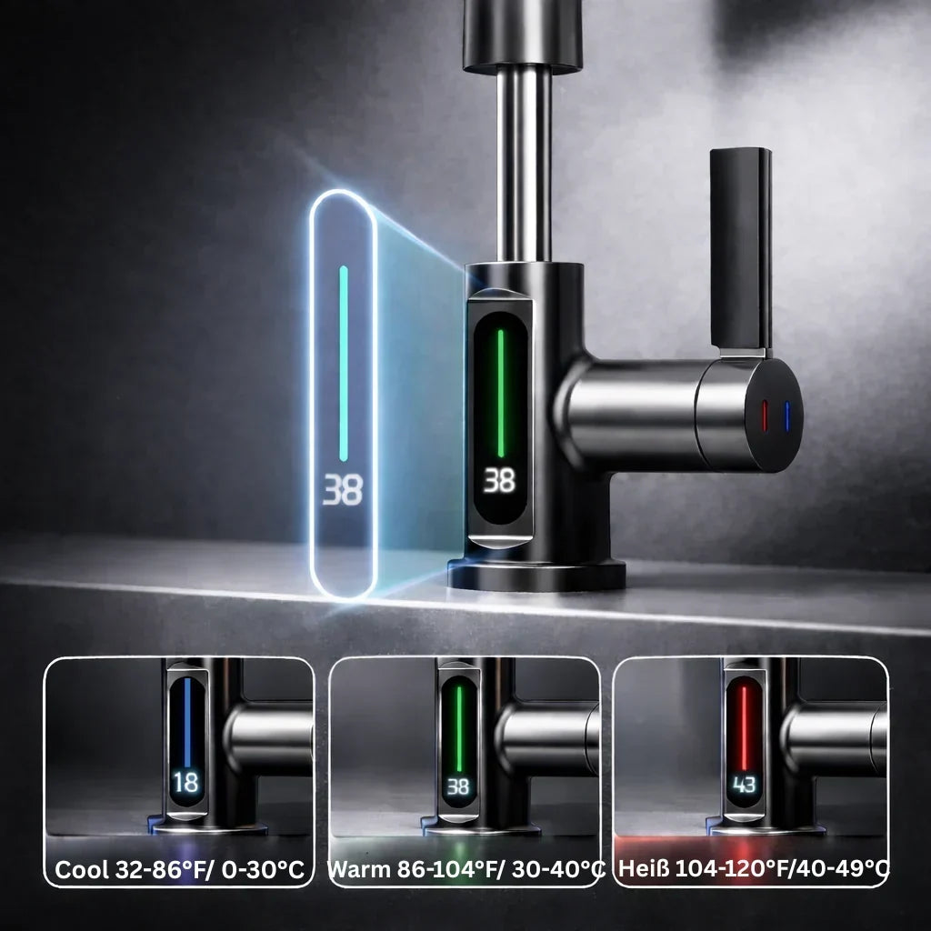 Wasserhahnaufsatz mit LED-Temperaturanzeige und 5 Strahlarten