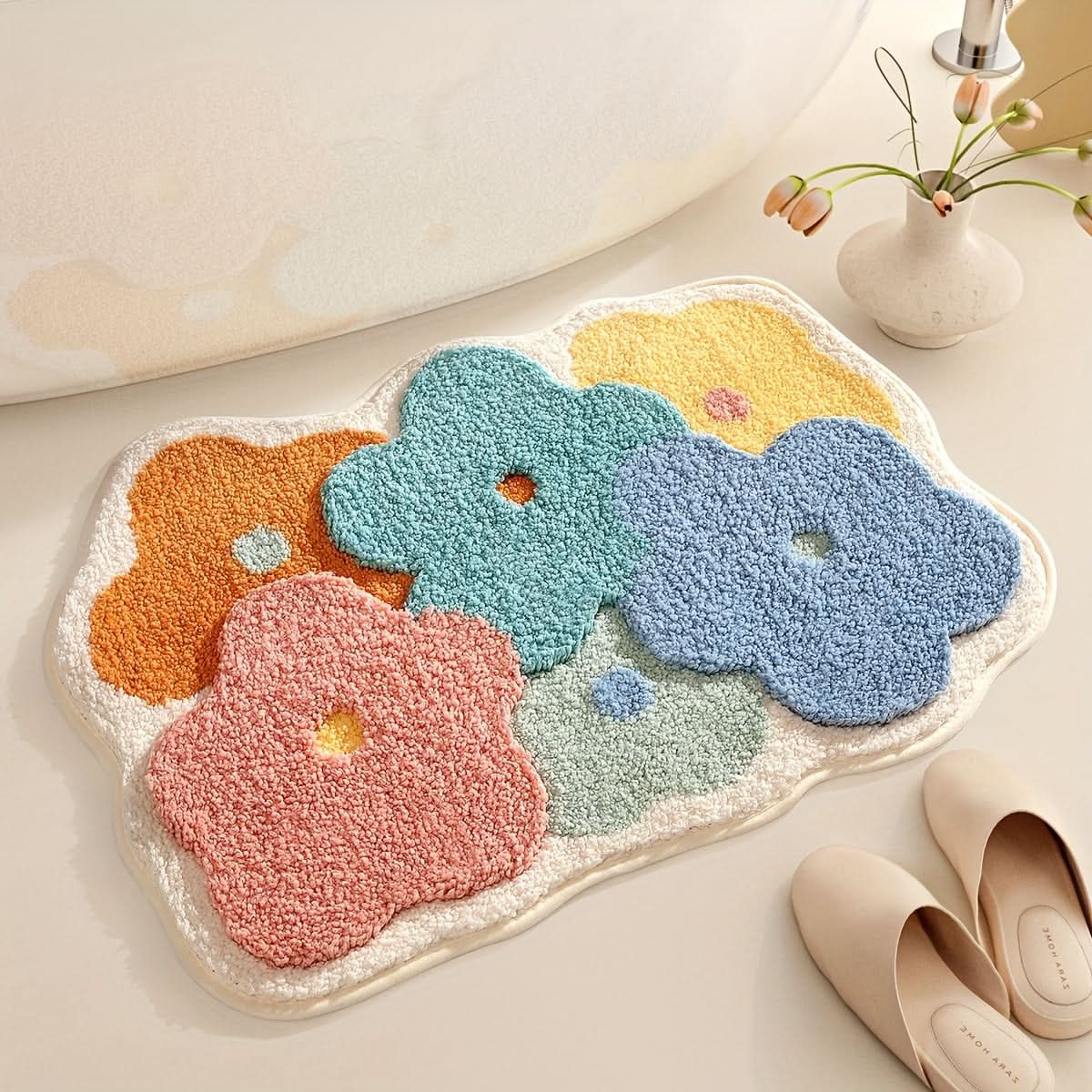 Absorbent bath mat with floral pattern - non-slip & soft