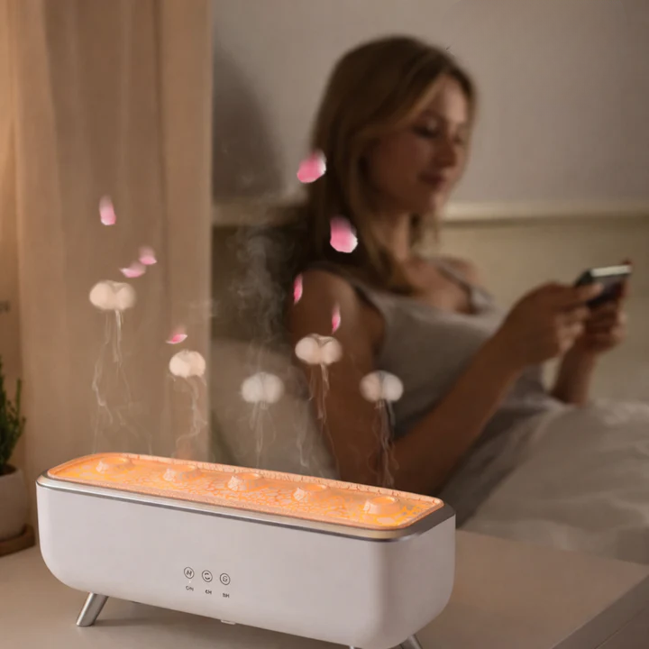 White aroma diffuser producing glowing jellyfish-shaped mist effects