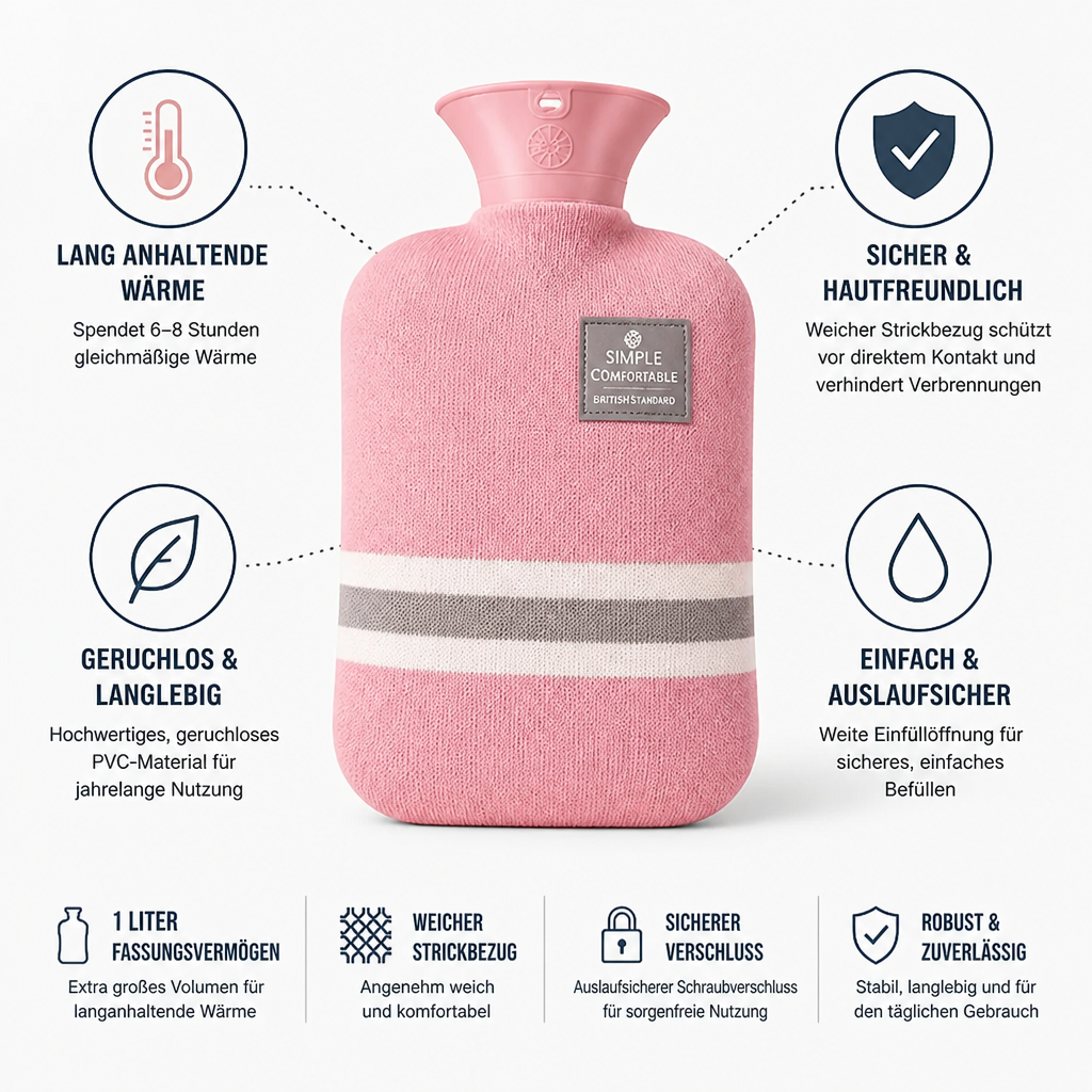 1-liter hot water bottle with knitted cover – soothing warmth for hours