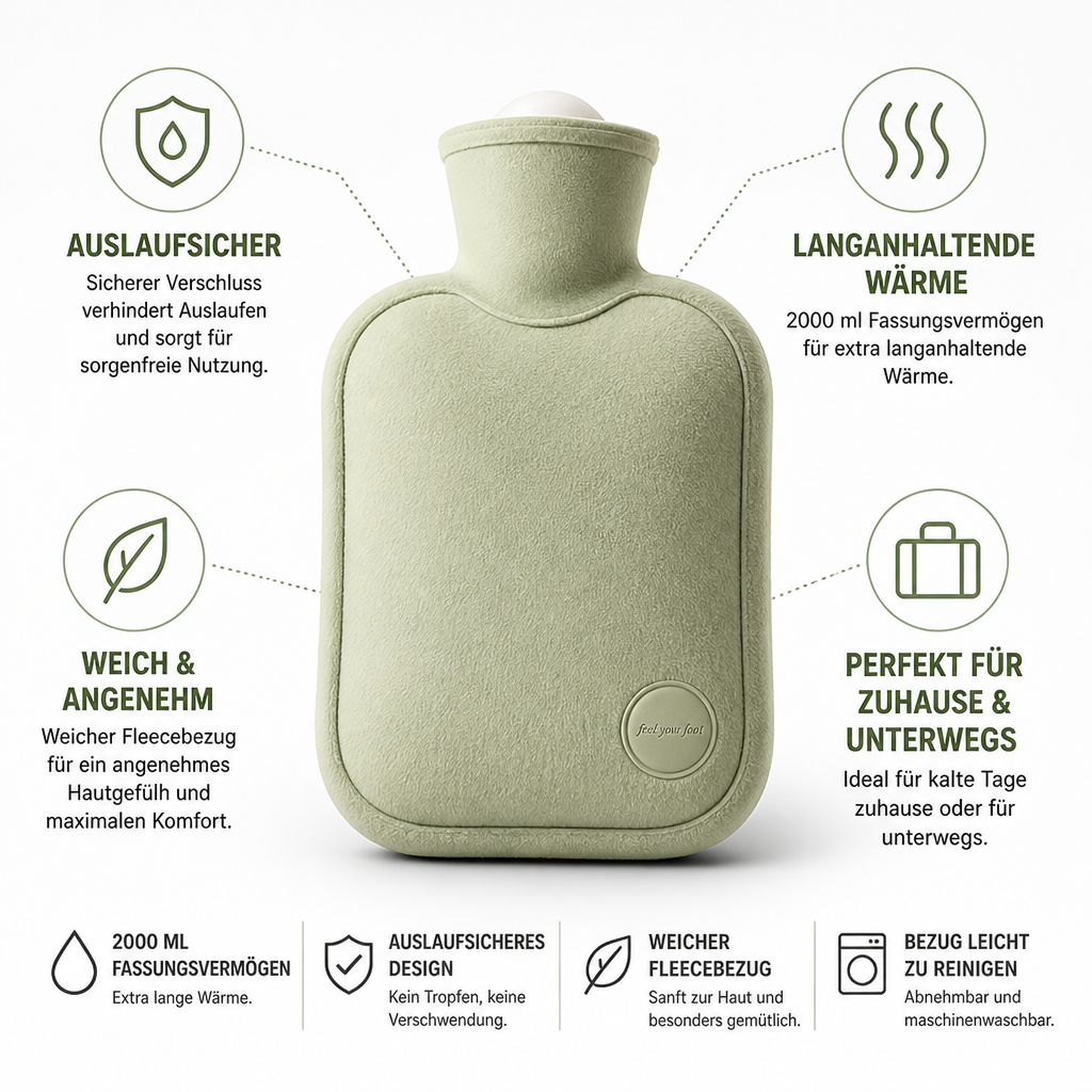 2-liter hot water bottle with a soft fleece cover and leak protection