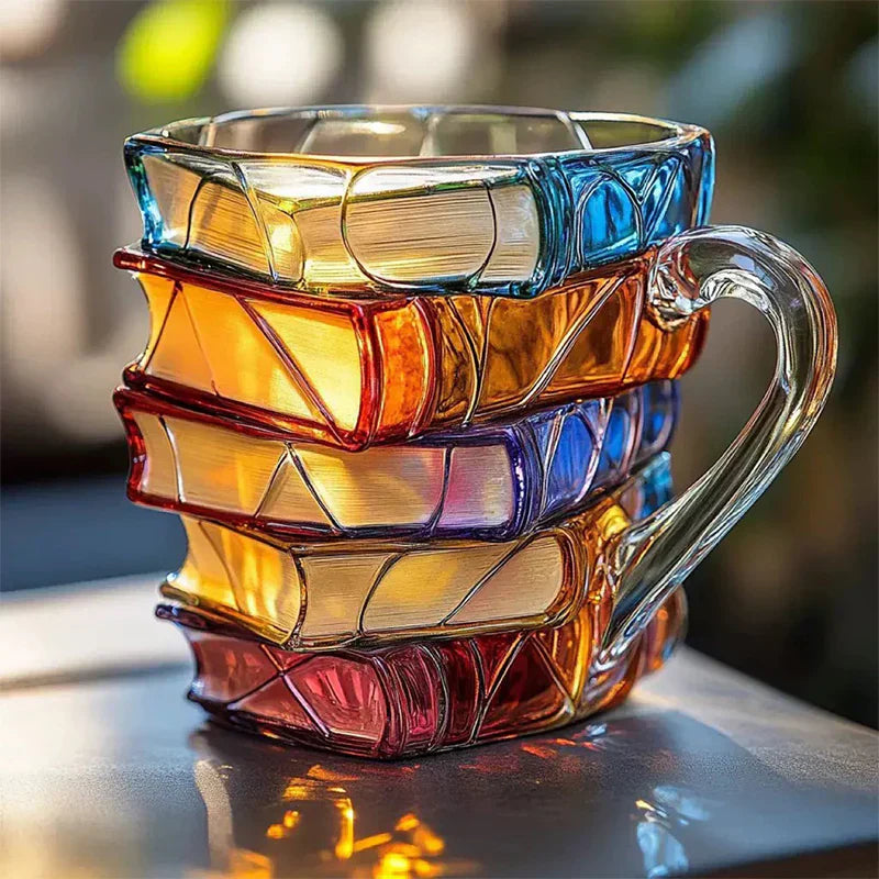 Handwerker-Glas-Trinkglas handbemalter Bücherstapel displaying colorful glass book stack design
