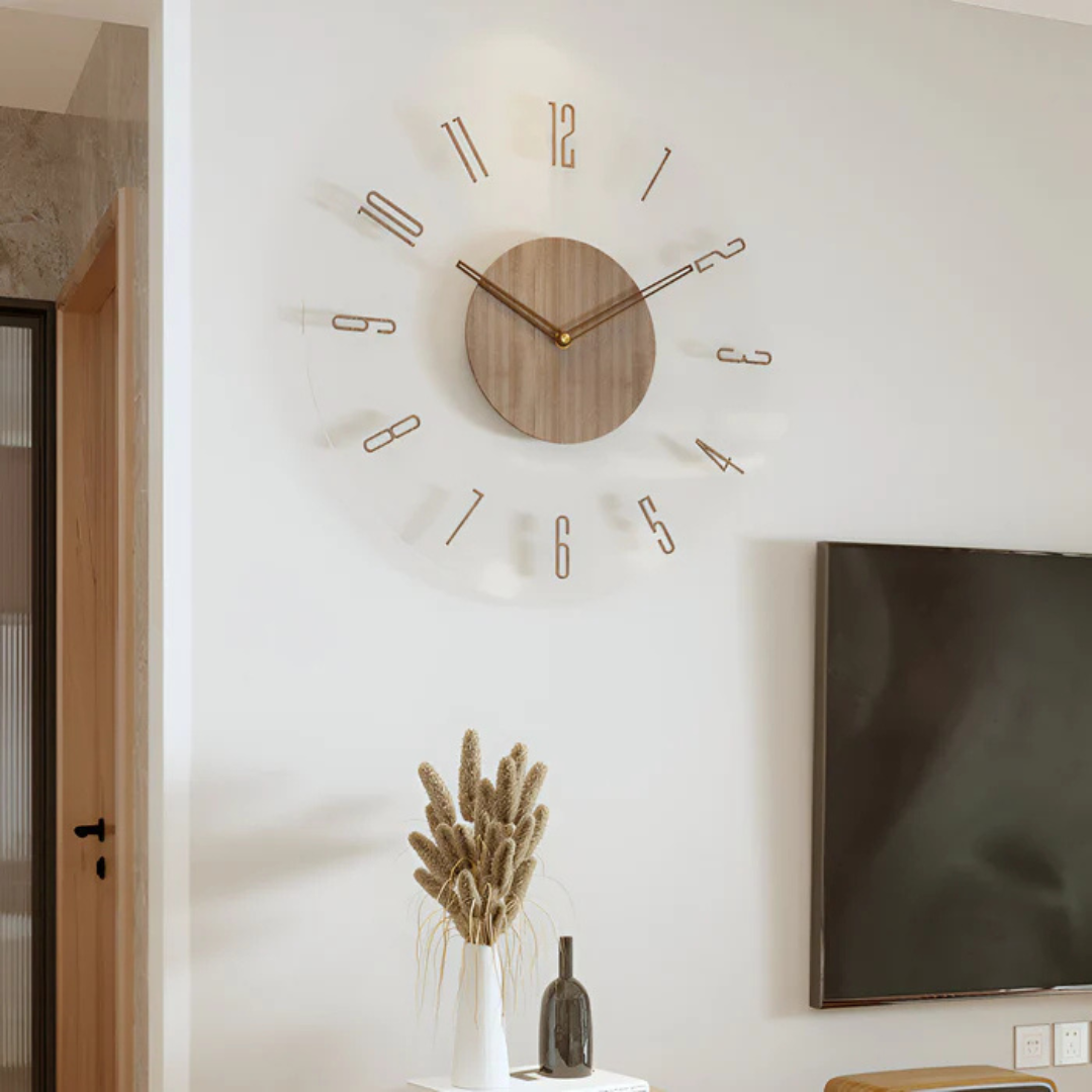 Lautlose Wanduhr aus Acryl und Holz – Modernes Wohnzimmer-Design