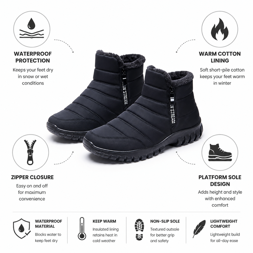 Waterproof winter ankle boots with platform sole and zipper