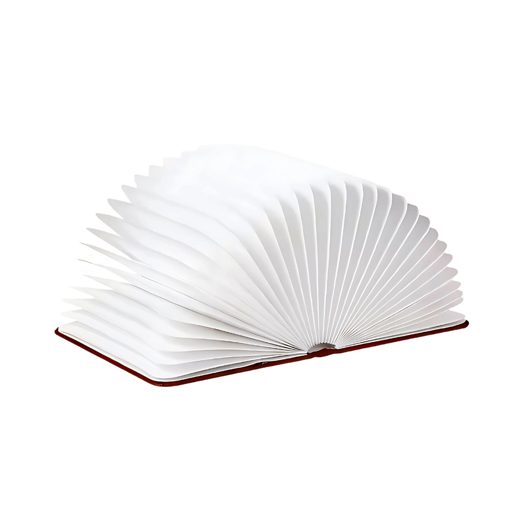 Faltbare Buchlampe aus Holz und Papier mit warmem Licht