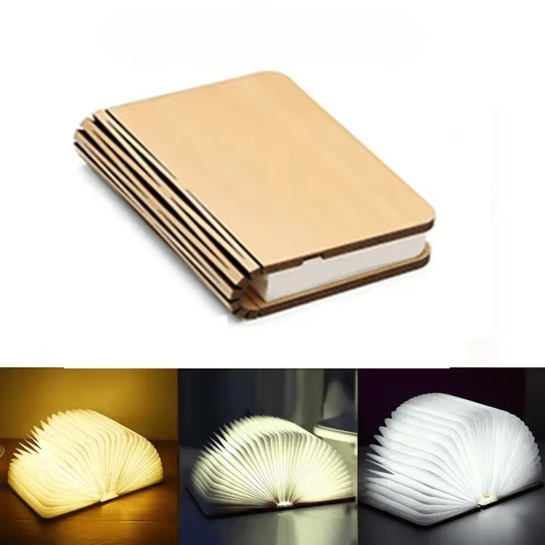 Faltbare Buchlampe aus Holz und Papier mit warmem Licht