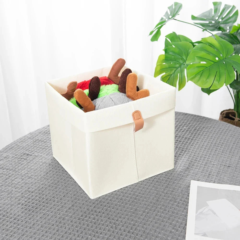 Felt Storage Box with Leather Handle and Foldable Lid
