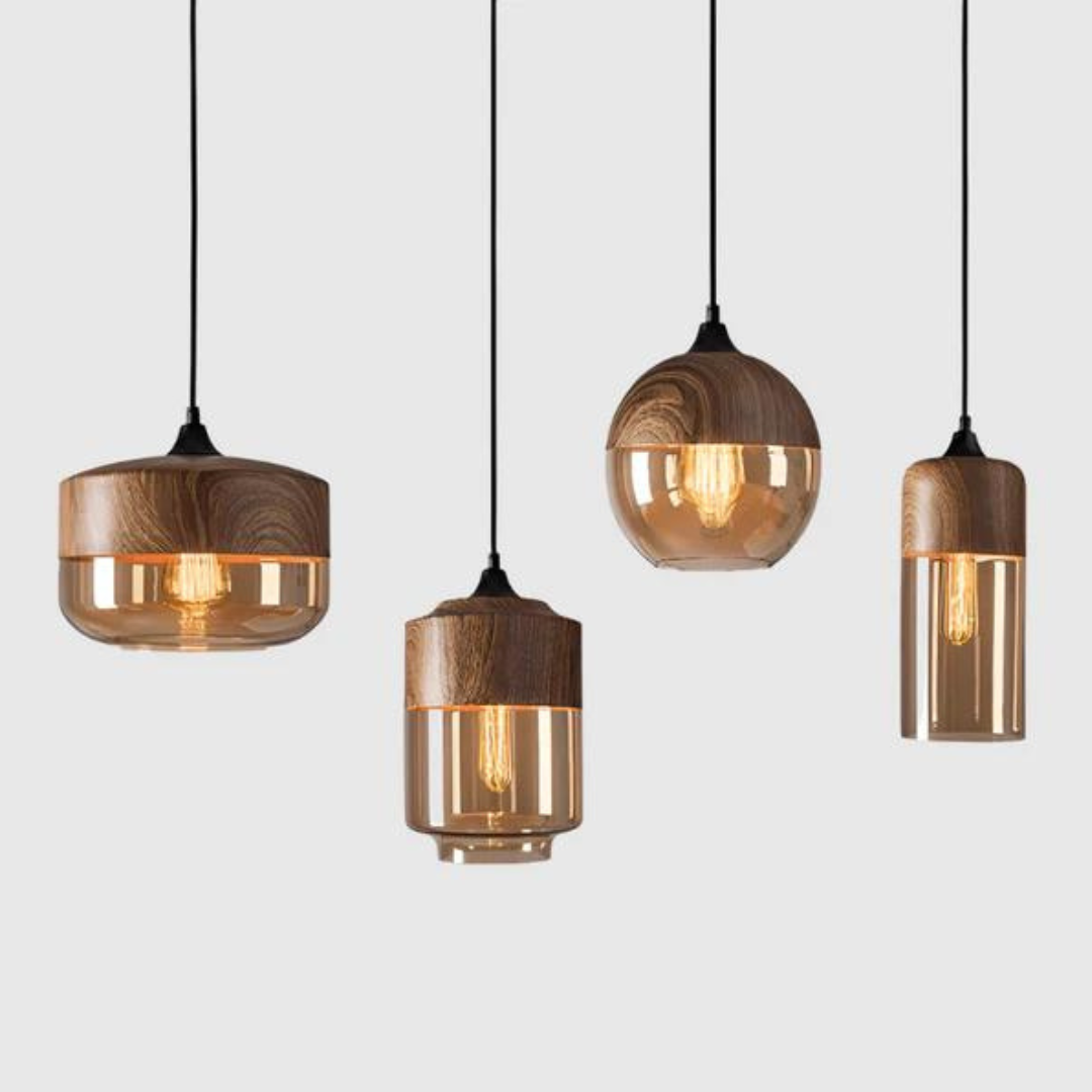 Scandinavian pendant light made of glass and metal with a wood look
