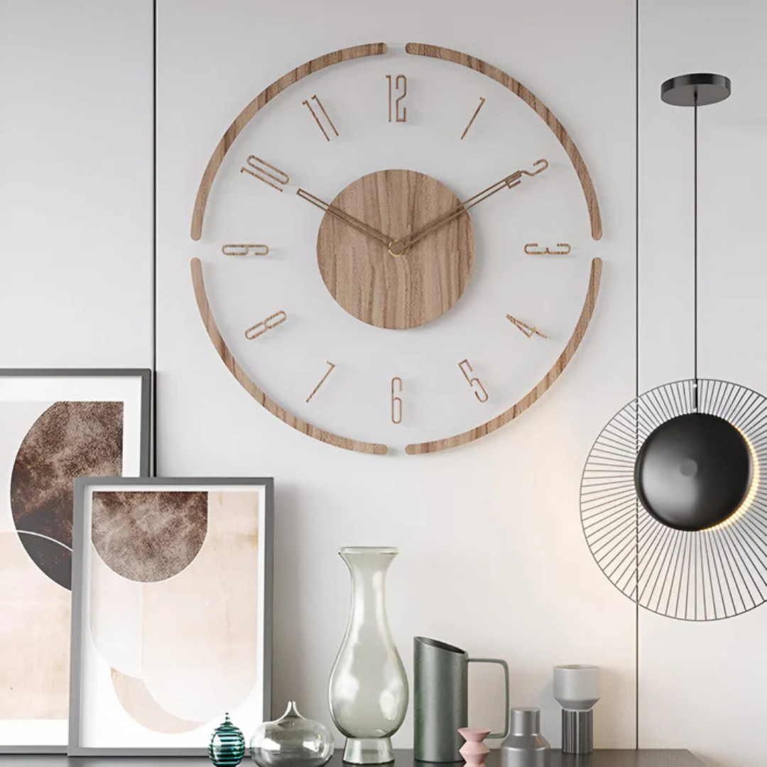 Lautlose Wanduhr aus Acryl und Holz – Modernes Wohnzimmer-Design