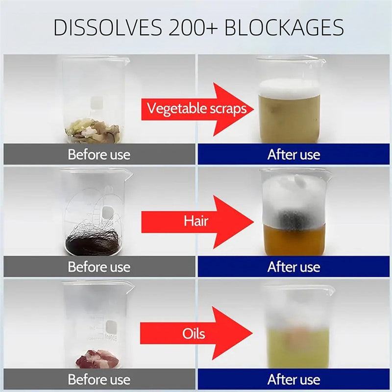 Before after comparison showing abflussreiniger dissolving hair grease vegetable blockages