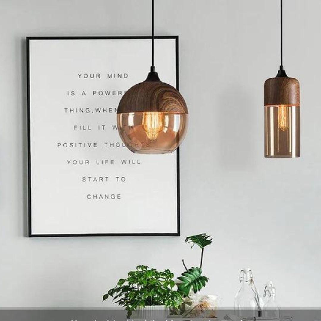 Scandinavian pendant light made of glass and metal with a wood look