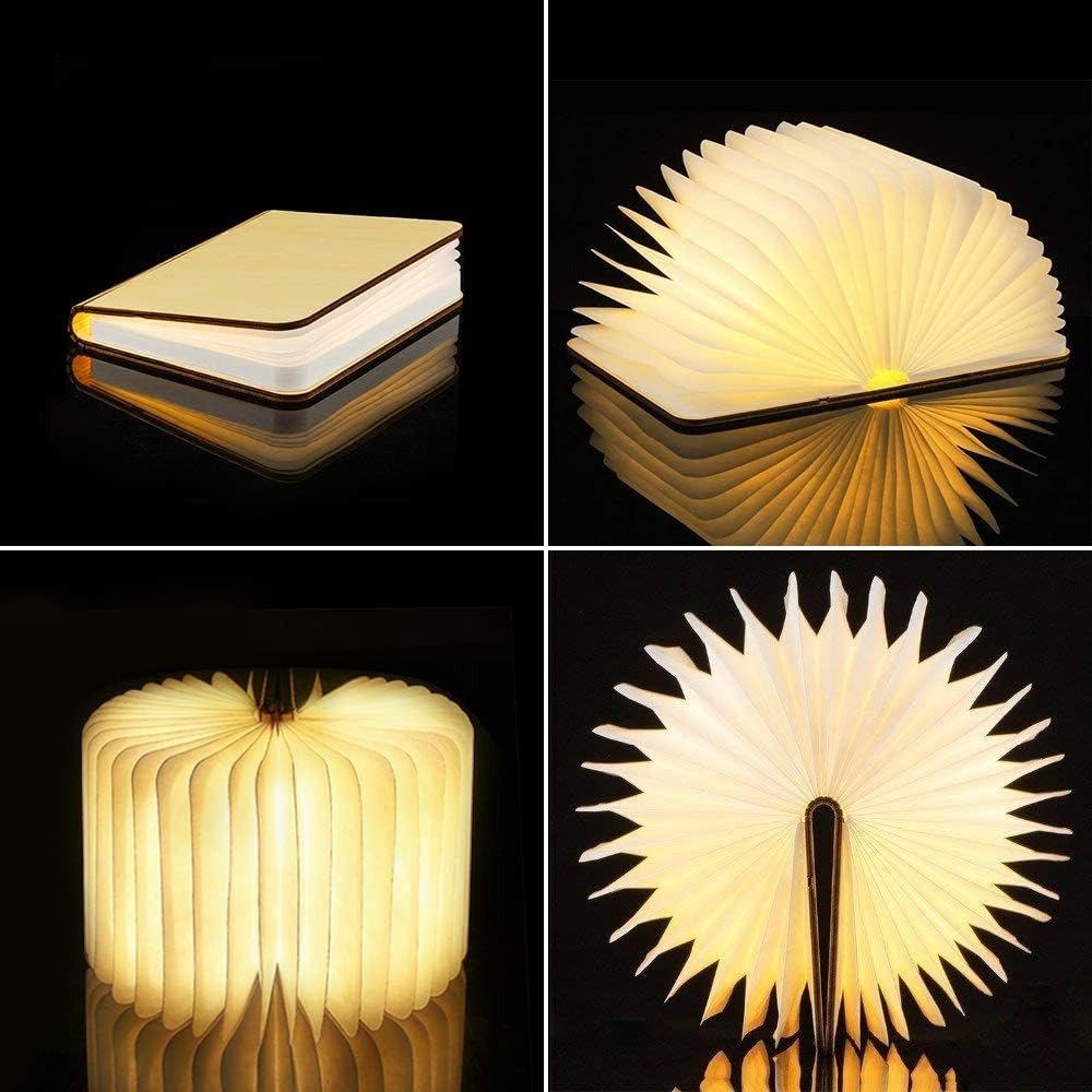 Faltbare Buchlampe aus Holz und Papier mit warmem Licht