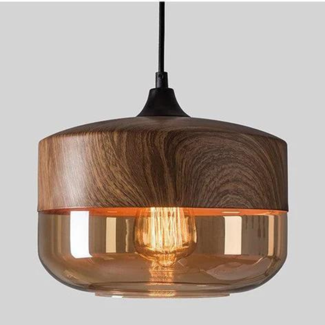 Scandinavian pendant light made of glass and metal with a wood look