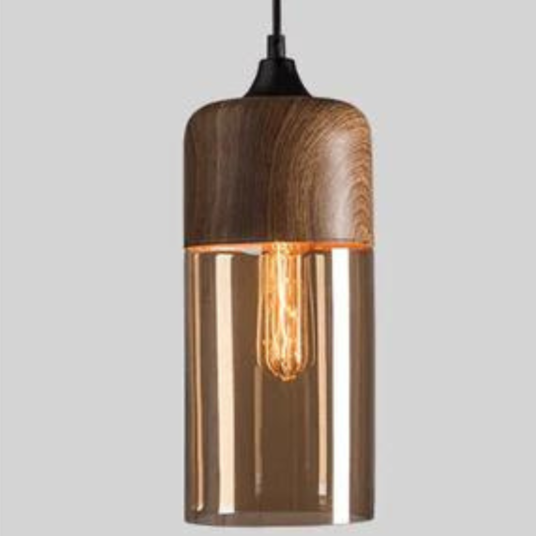 Scandinavian pendant light made of glass and metal with a wood look