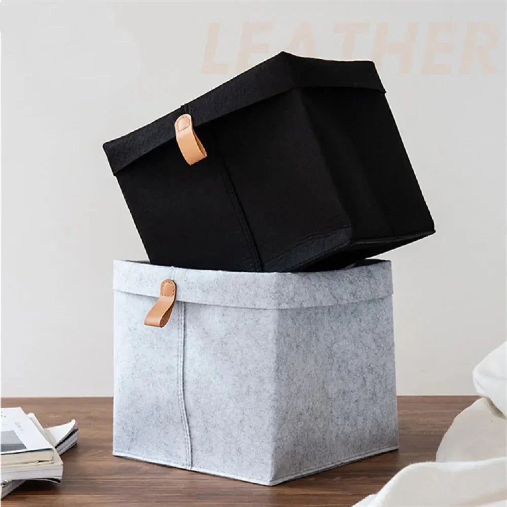 Felt Storage Box with Leather Handle and Foldable Lid